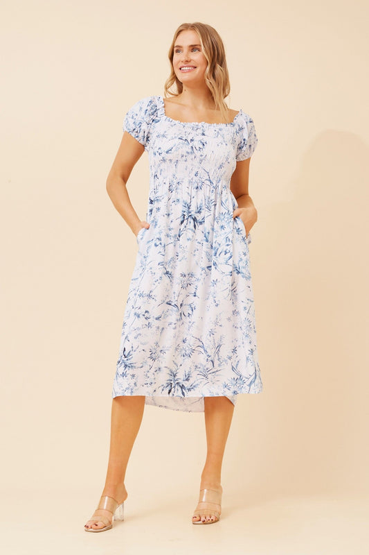 Caroline Morgan Australia KEEVAH FLORAL OFF SHOULDER MIDI DRESS (Blue)