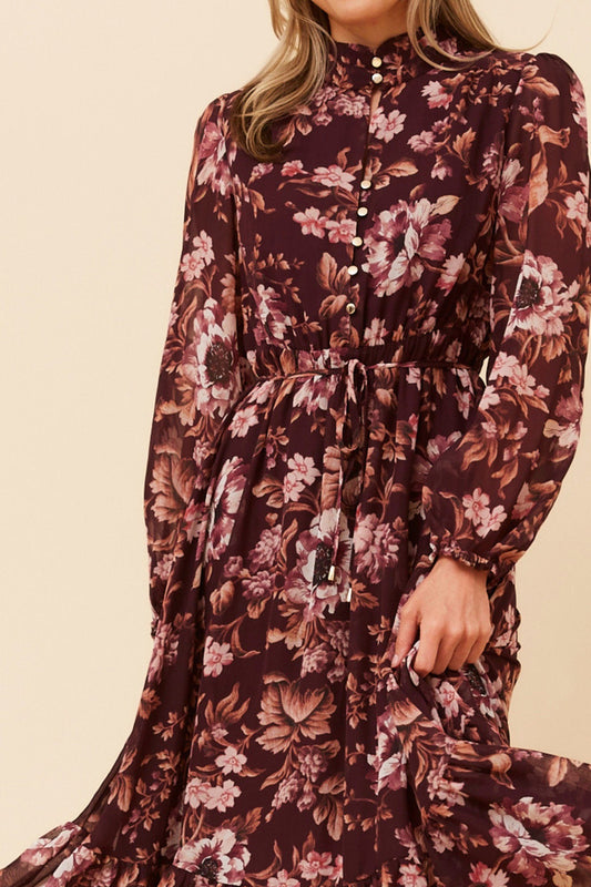 KATARA FLORAL MIDI DRESS (Burgundy)