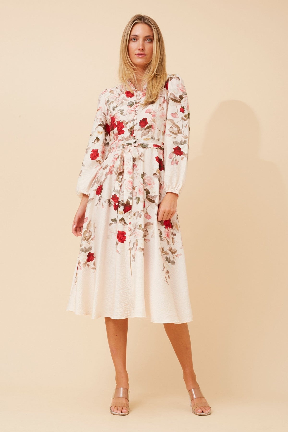 Image of Dresses. Product name - MUSETTA FLORAL PRINT MIDI DRESS in Warm White colour by brand - Caroline Morgan Australia