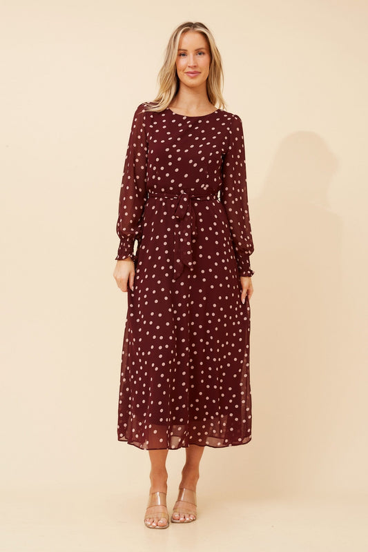 PRISCILLA POLKA DOT PRINT MAXI DRESS (Burgundy)