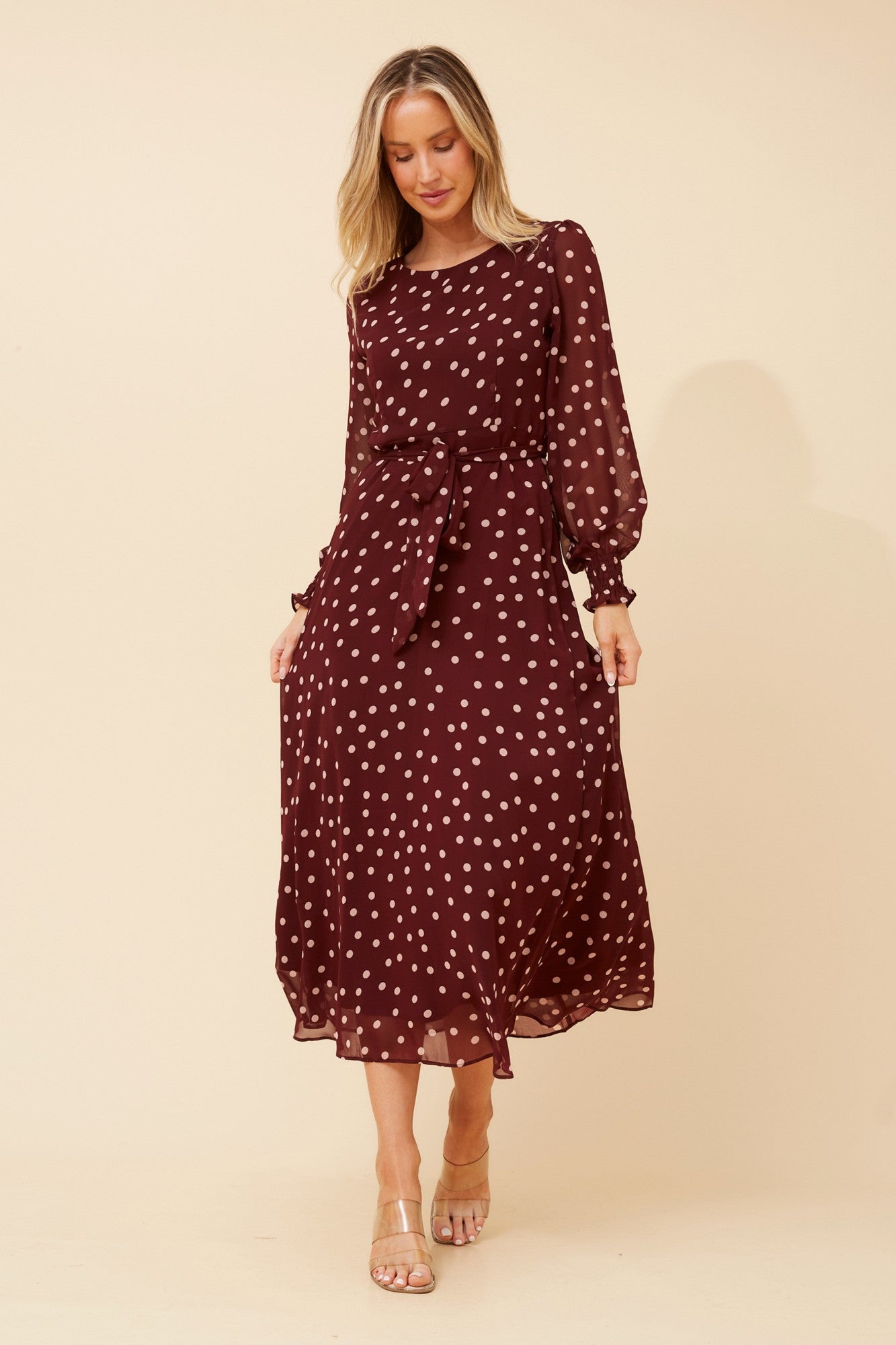 PRISCILLA POLKA DOT PRINT MAXI DRESS (Burgundy)