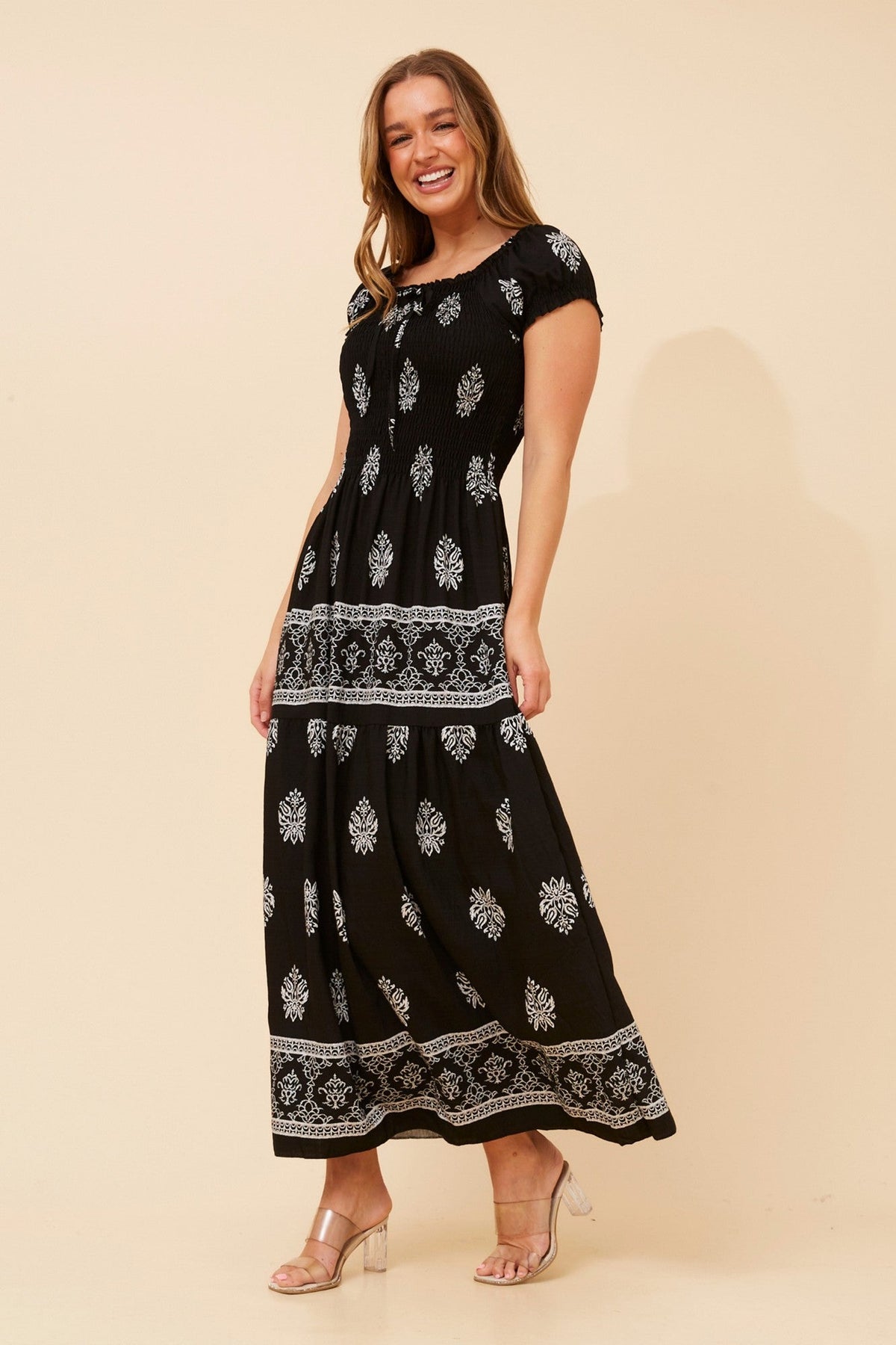 HELINA BORDER PRINT MAXI DRESS (Multi Black)