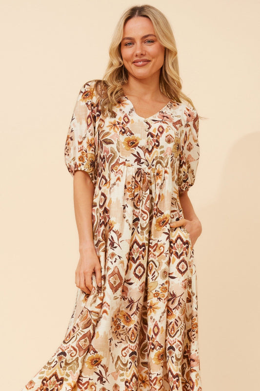 ORAZIA ABSTRACT PRINT MIDI DRESS (Multi Beige)