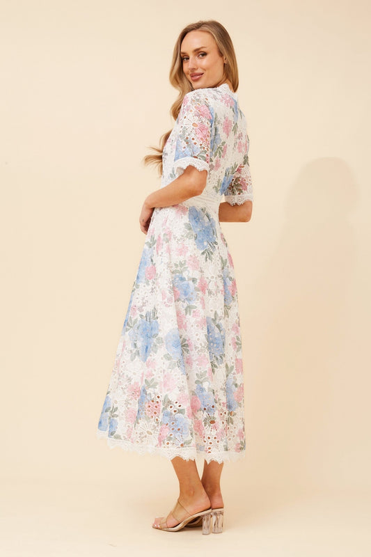 ESMERALDA FLORAL LACE MIDI DRESS (White)