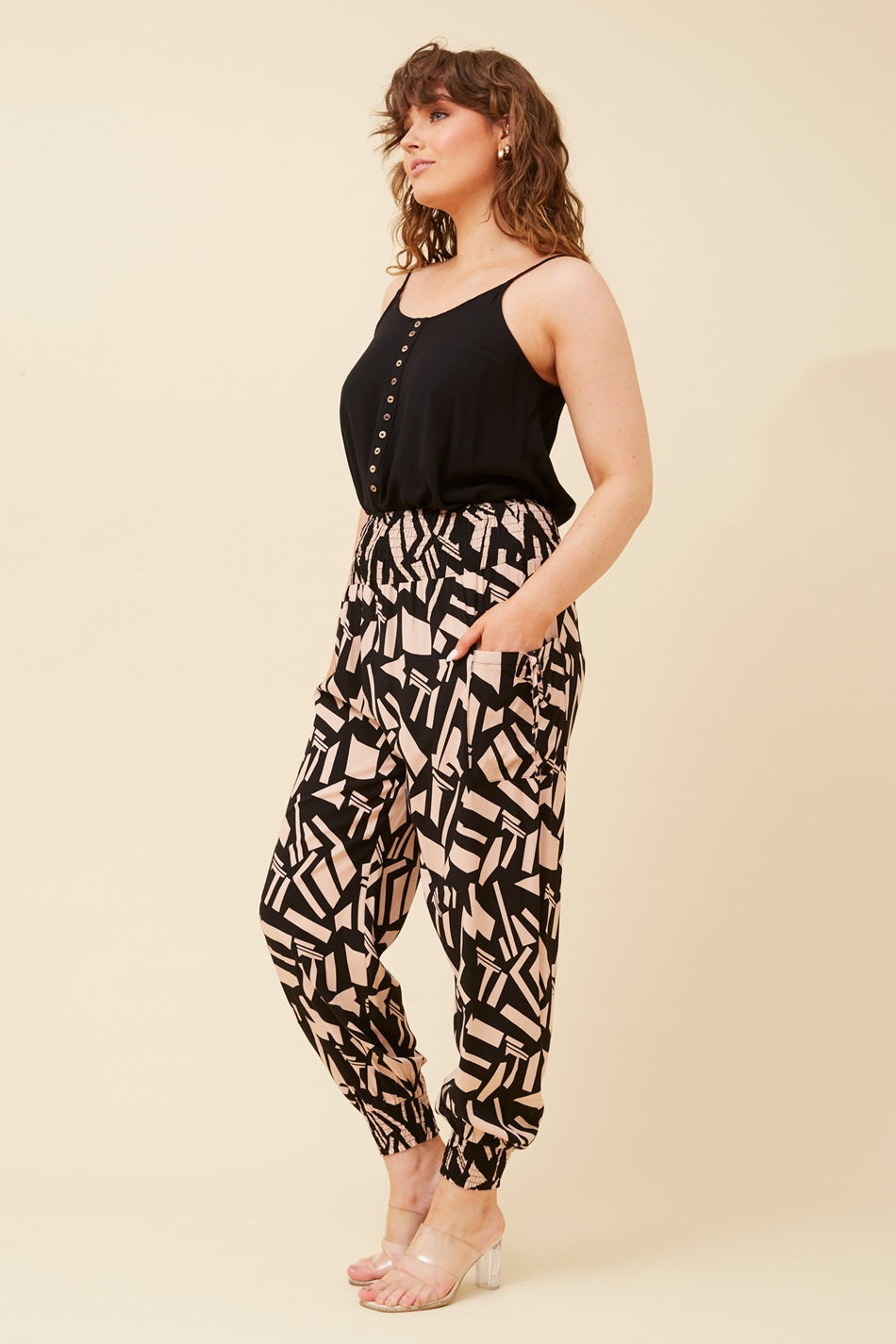 ABSTRACT PRINT HAREM PANTS (Beige)