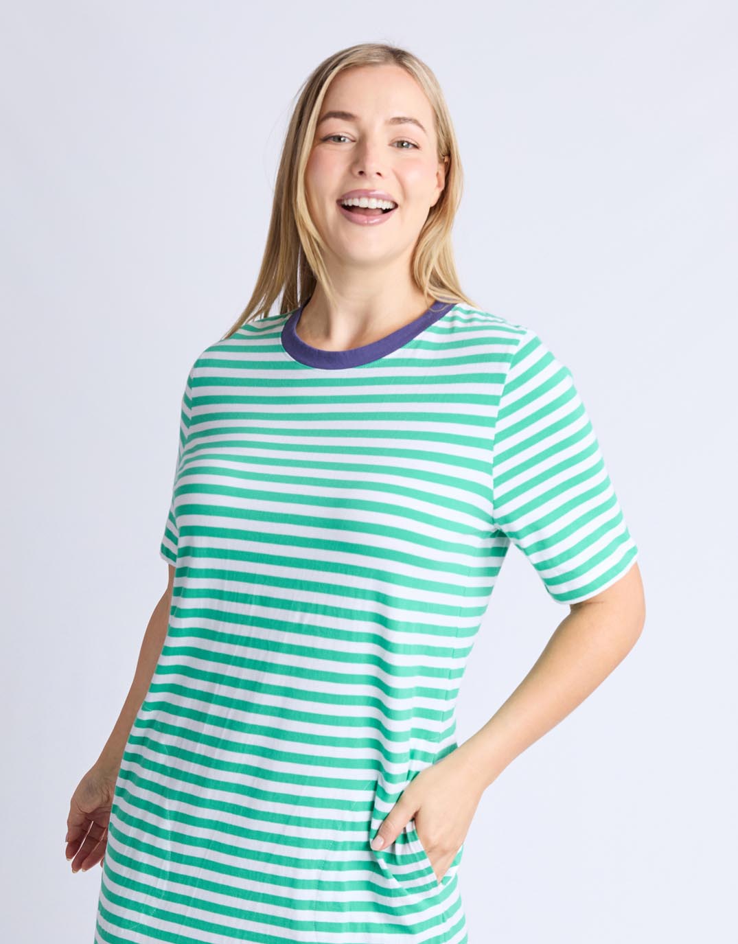 Elm Merry Tee Dress (Gumdrop Green & White Stripe / Vintage Blue)