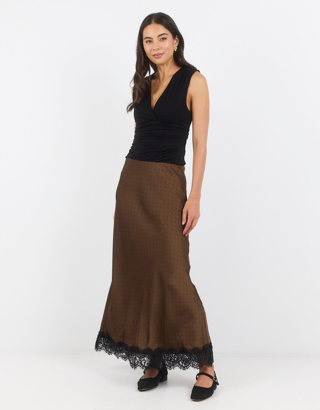 Georgia Zoe Margarita Satin Lace Trim Bias Maxi Skirt (Chocolate Polka Dot)