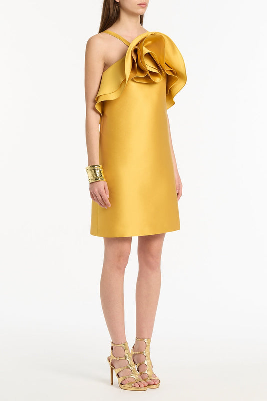 Carla Zampatti Golden Matte Sateen Sculptural Flower Mini Dress (Gold)