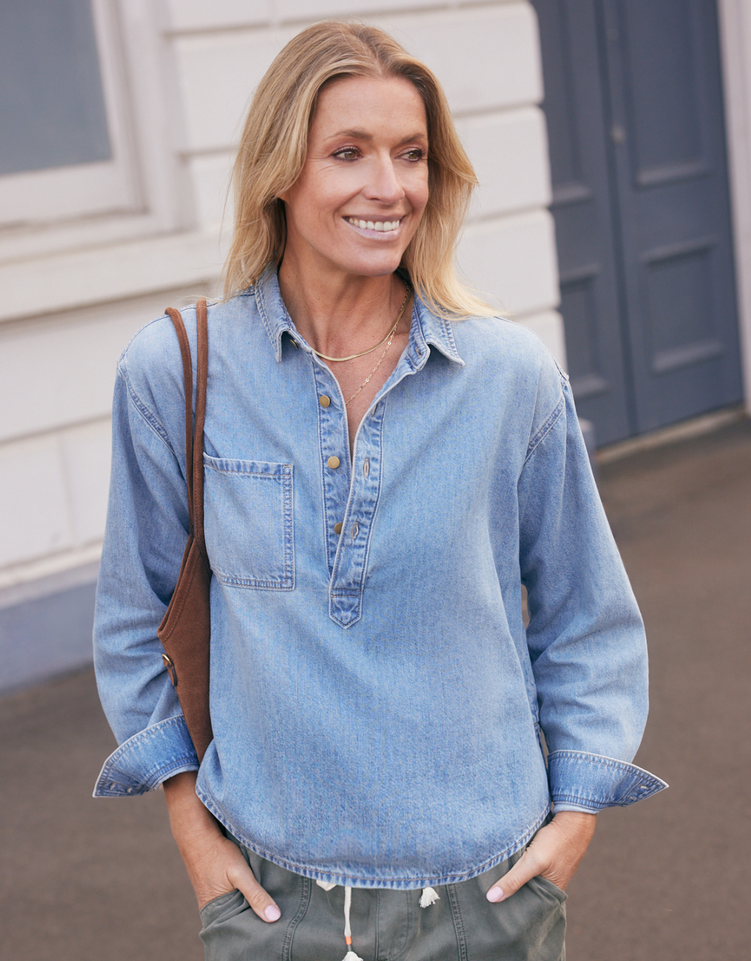 Image of Shirts. Product name - Henley Claudia Shirt Mid Wash in Mid Wash colour by brand - White & Co.