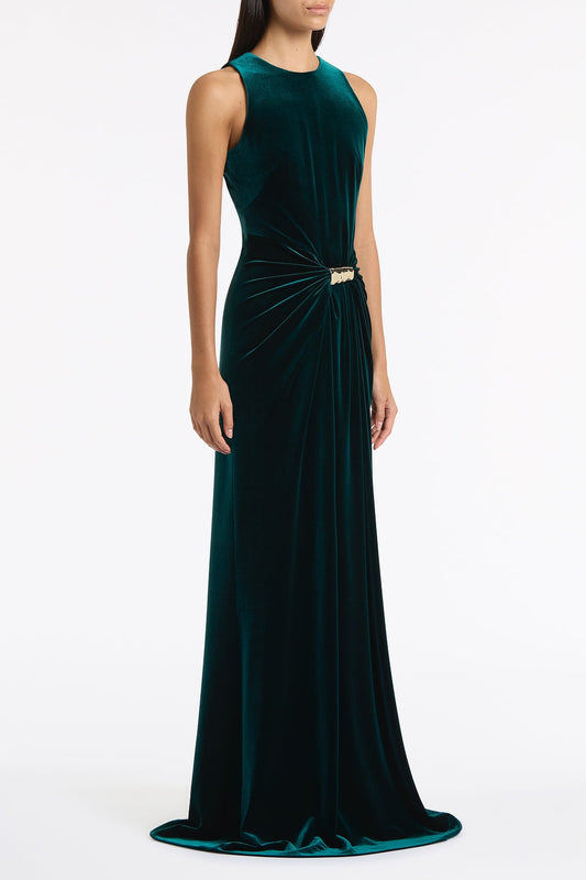 Carla Zampatti Hunter Velvet Gold Detail Maxi Dress (Green)