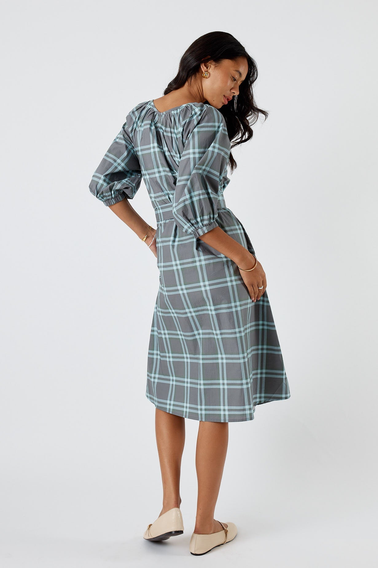 Division Itami Check Button Midi Dress (Green)