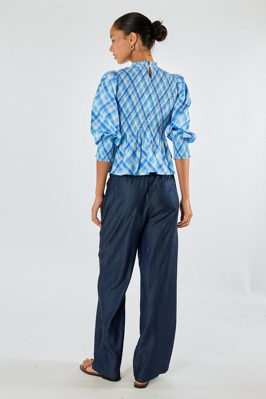 Division Itami Check Ruched Top (Blue)