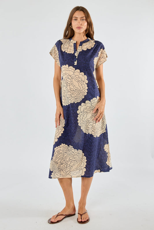 Division Itami Orient Capped Sleeve Dress (Navy)