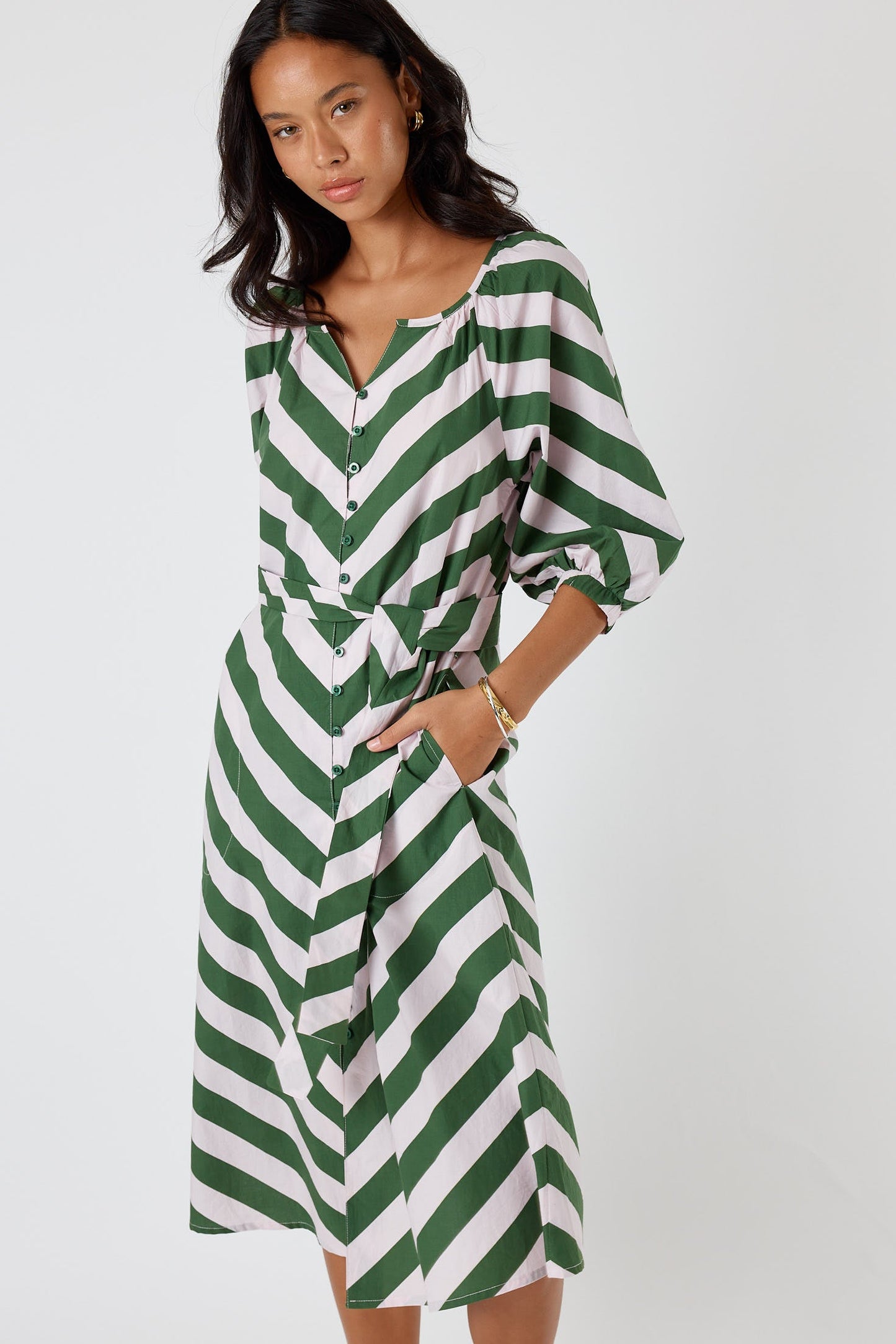 Division Itami Stripe Button Dress (Olive)