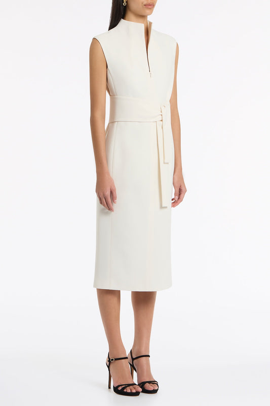 Carla Zampatti Crepe High Neck Tie Front Midi Dress (Ivory)
