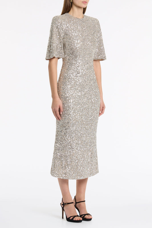 Carla Zampatti Crushed Sequin Bell Sleeve Midi Dress (Ivory)