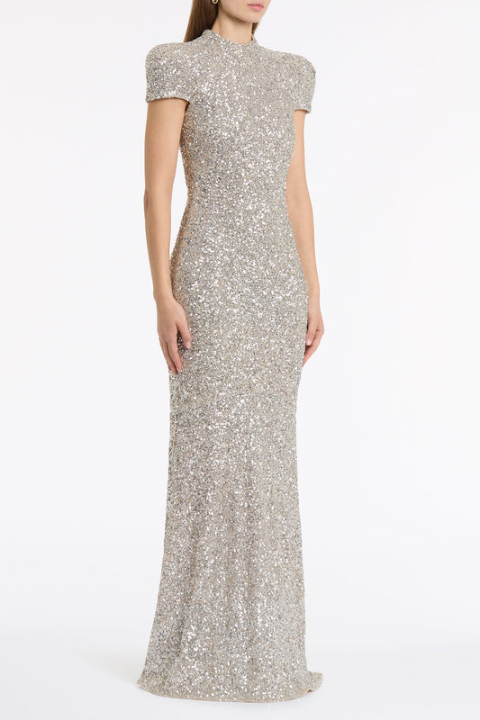 Carla Zampatti Crushed Sequin Raglan Sleeve Gown (Ivory)