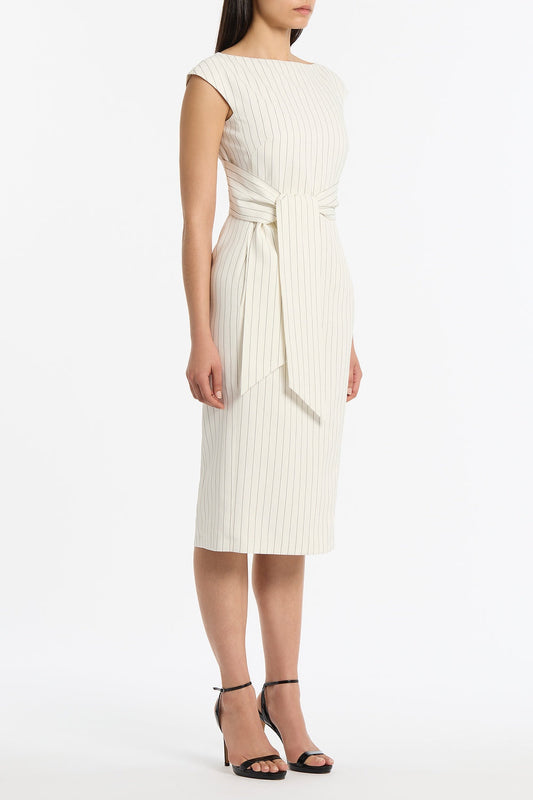 Carla Zampatti Pinstripe Linen Tie Waist Midi Dress (Ivory)