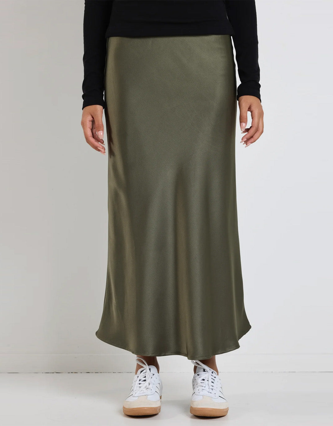 Ivy & Jack Rosette Satin Bias Midi Skirt (Khaki)