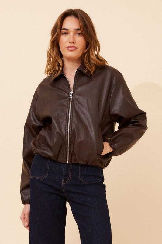 Caroline Morgan Australia COLLETA SOLID VEGAN LEATHER JACKET (Chocolate)