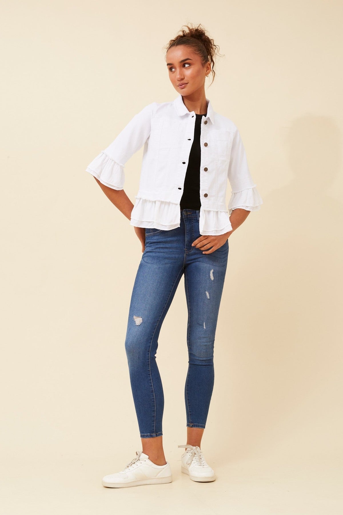 KENSLEY FRILL DENIM JACKET (White)