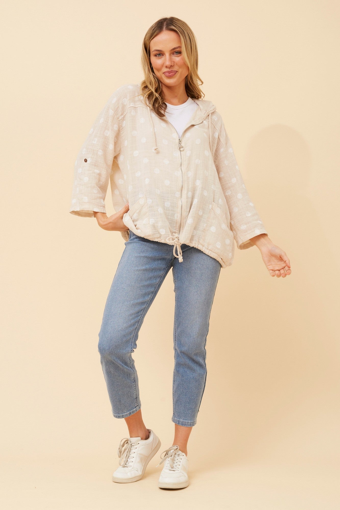 FIORINA POLKA DOT PRINT HOODY JACKET (Beige/White)