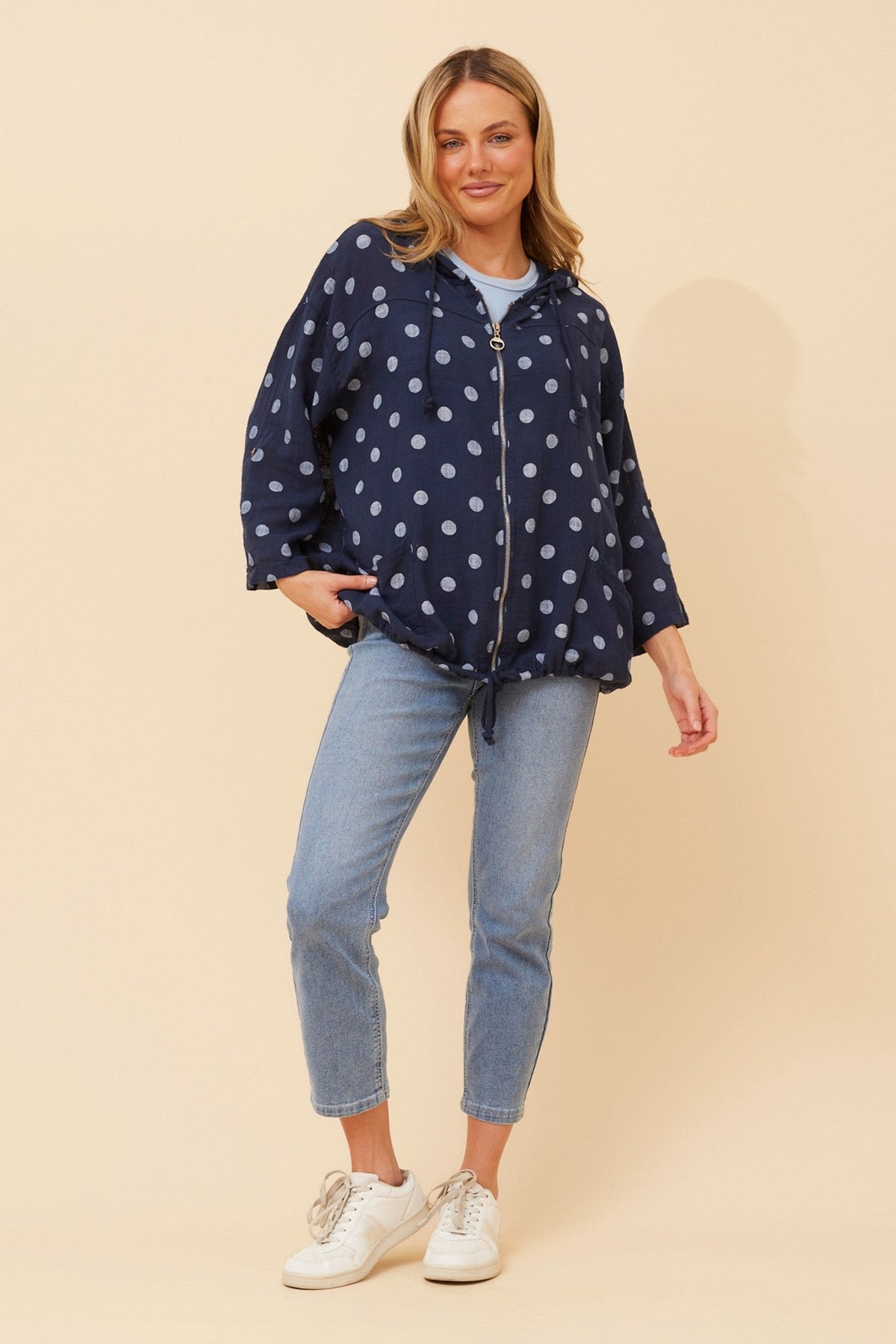Image of Coats & Jackets. Product name - FIORINA POLKA DOT PRINT HOODY JACKET in Navy/White colour by brand - BOTTEGA MODA