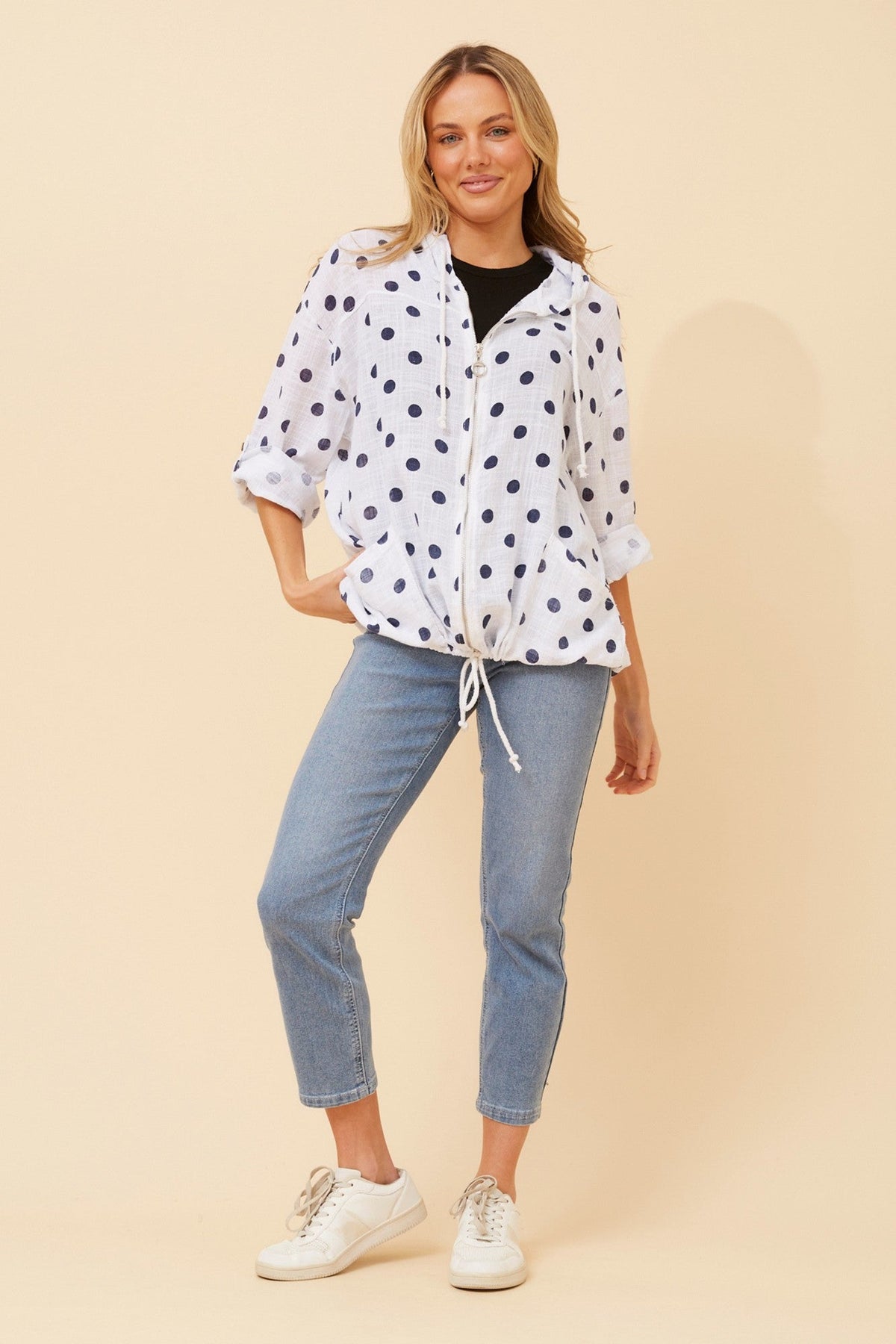Image of Coats & Jackets. Product name - FIORINA POLKA DOT PRINT HOODY JACKET in White/Navy colour by brand - BOTTEGA MODA