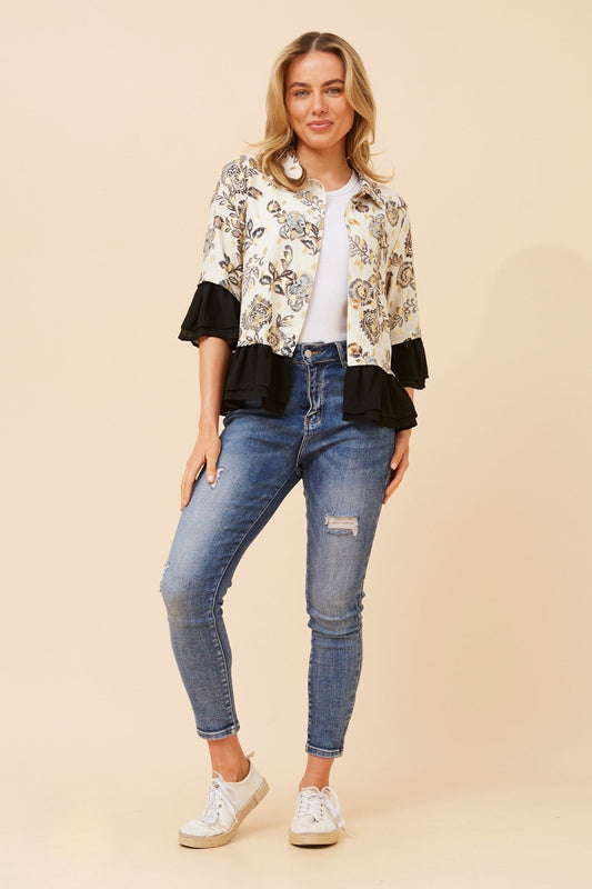 KENSLEY FLORAL PRINT FRILL JACKET (White And Black)