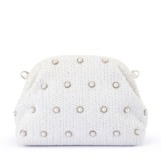 Olga Berg KAIA Studded Woven Clutch (White)