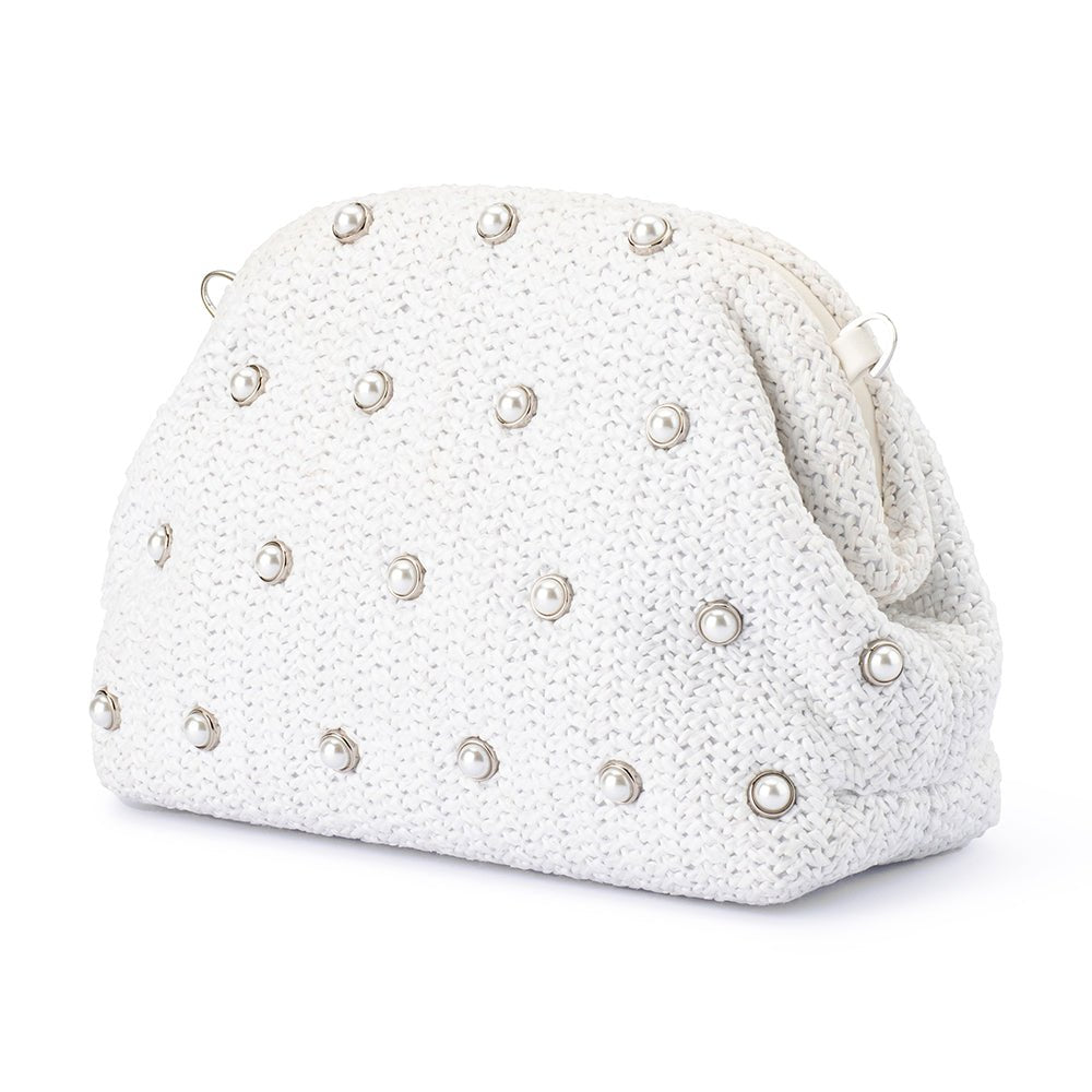 Olga Berg KAIA Studded Woven Clutch (White)