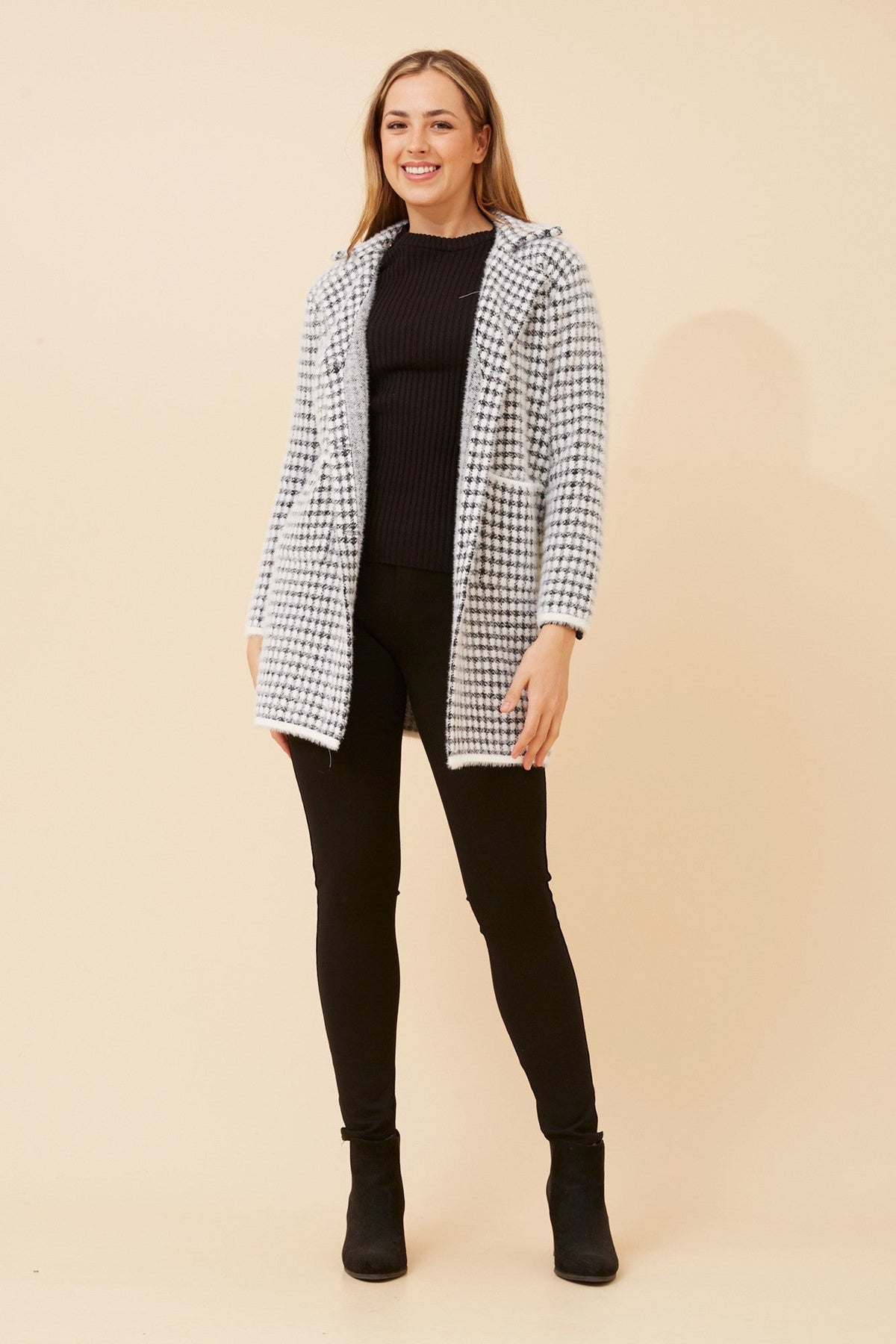 BRAD HOUNDSTOOTH PRINT KNIT COATIGAN (White)