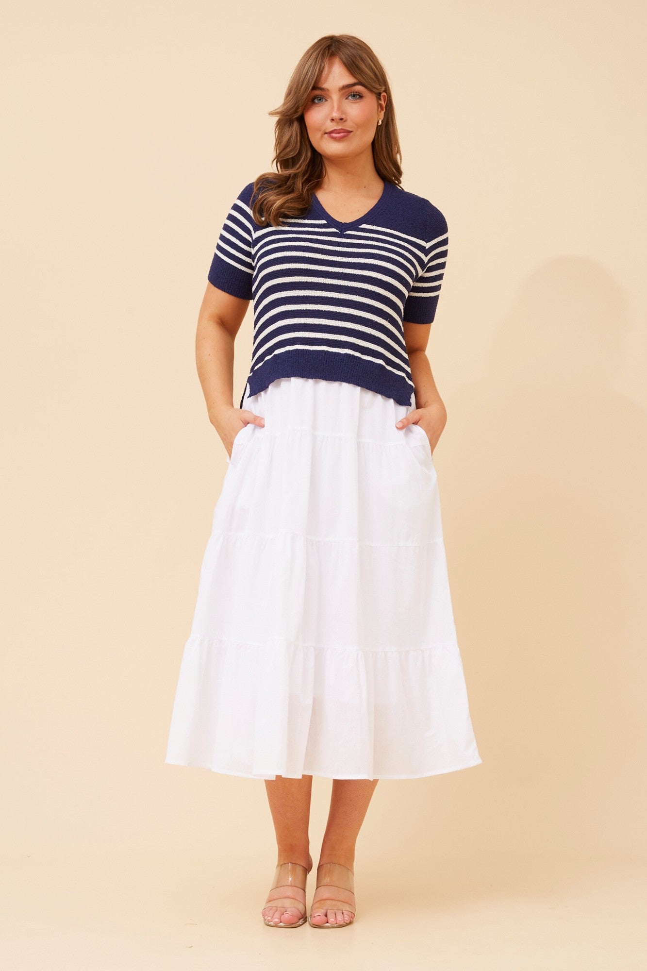 MAYLAH STRIPE PRINT TIERED DRESS (Navy/White)