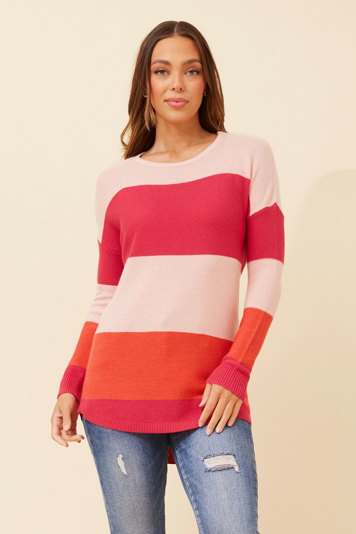 Image of a model wearing Outerwear. Product name - OLLIE WOOL BLEND PULLOVER in Hot Pink colour by brand - Caroline Morgan Australia