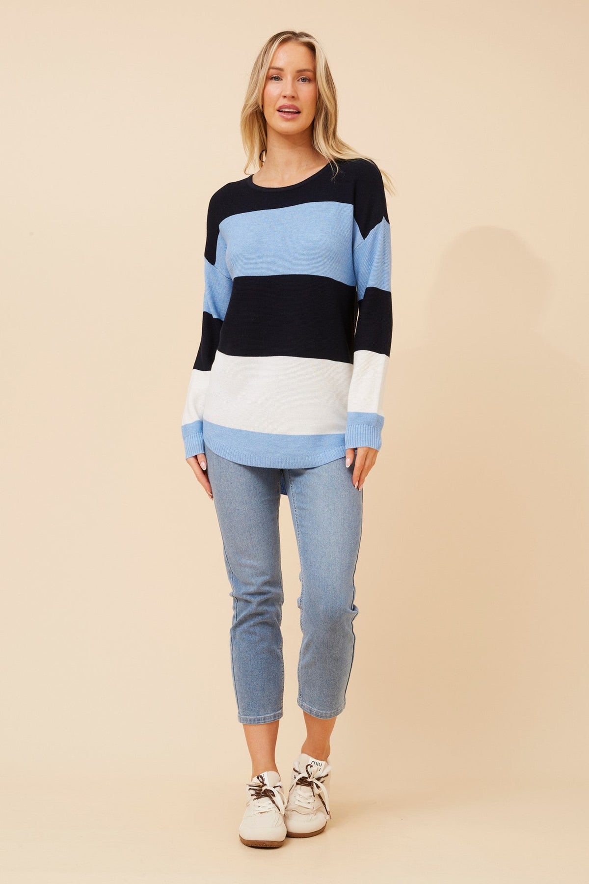 Image of a model wearing Outerwear. Product name - OLLIE WOOL BLEND PULLOVER in Light Blue colour by brand - Caroline Morgan Australia