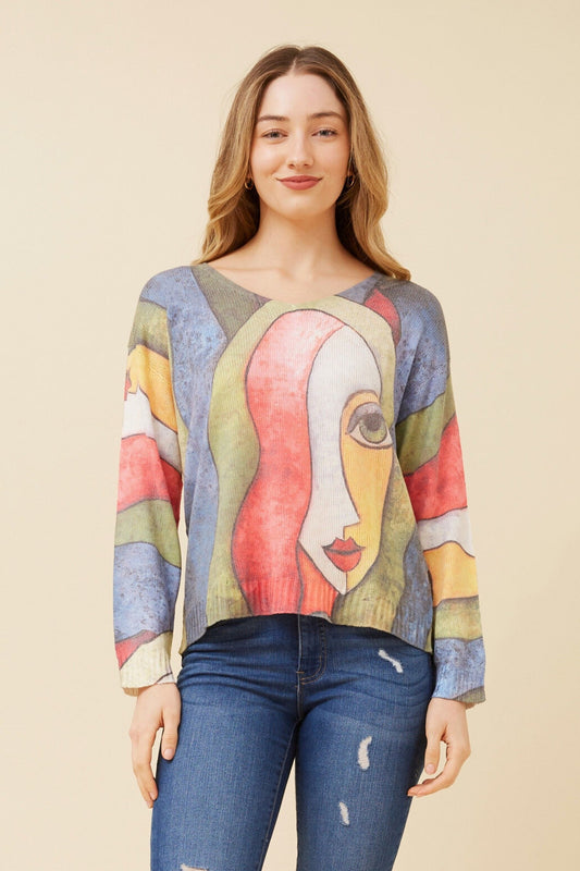 NEAVE ABSTRACT PRINT KNIT TOP (Multi Blue)