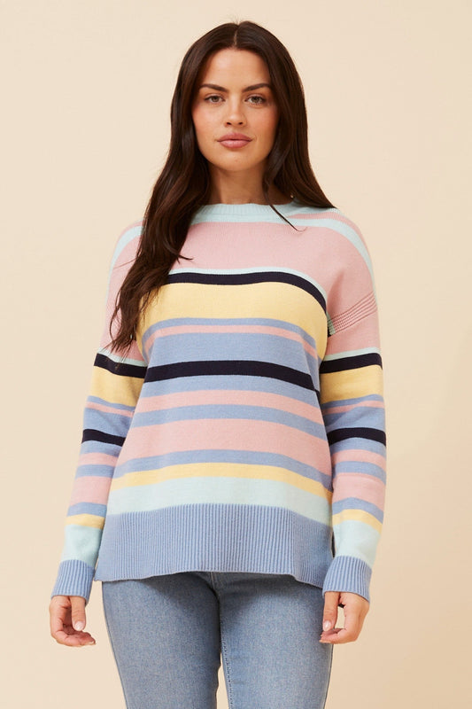 AMINTA STRIPE PRINT KNIT PULLOVER (Multi Blue)