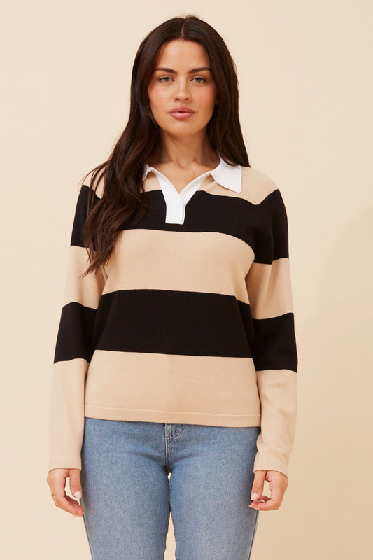 GARLON STRIPE PRINT KNIT PULLOVER (Beige)