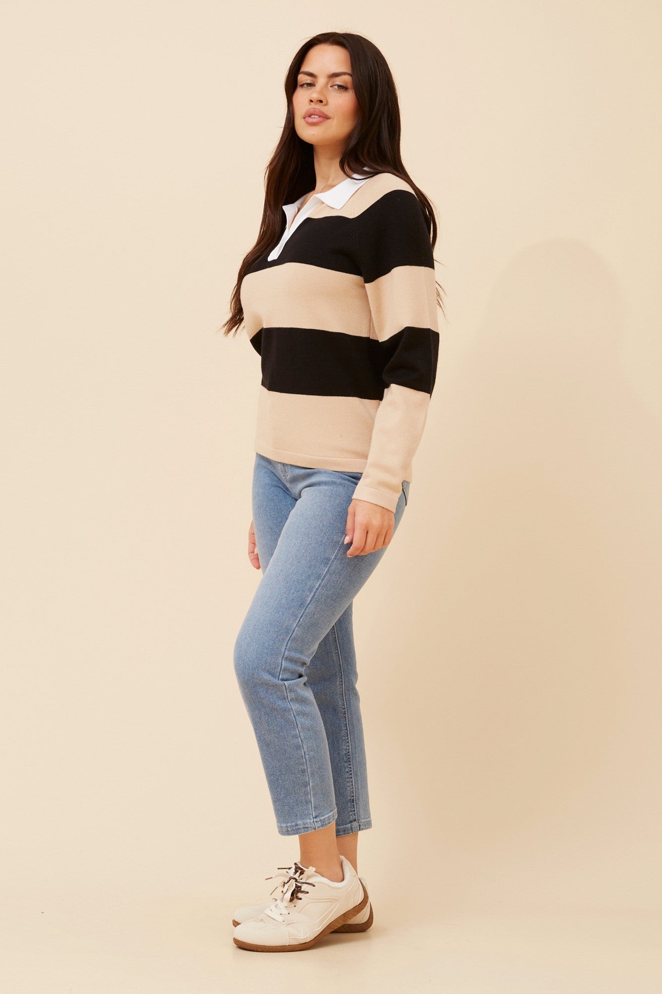 GARLON STRIPE PRINT KNIT PULLOVER (Beige)