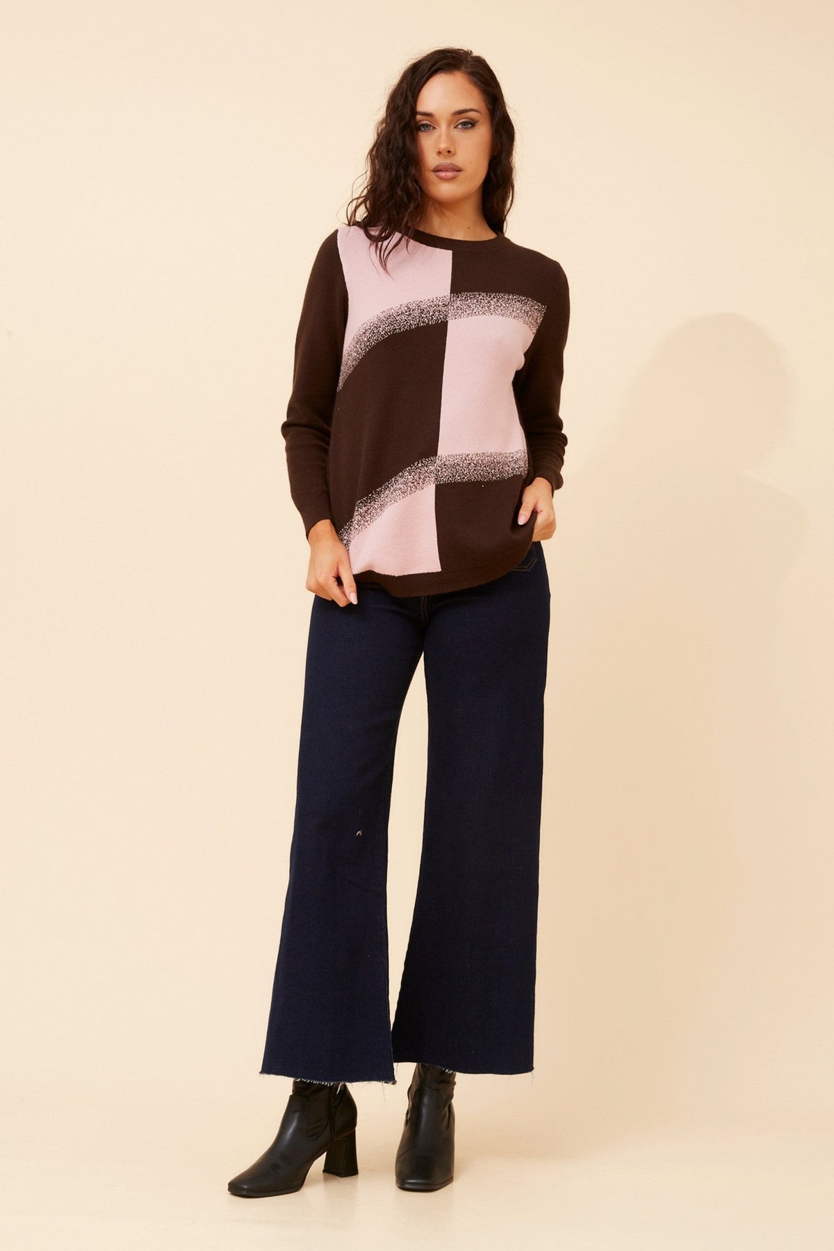 ANITA COLOUR BLOCK KNIT PULLOVER (Bitter Chocolate)