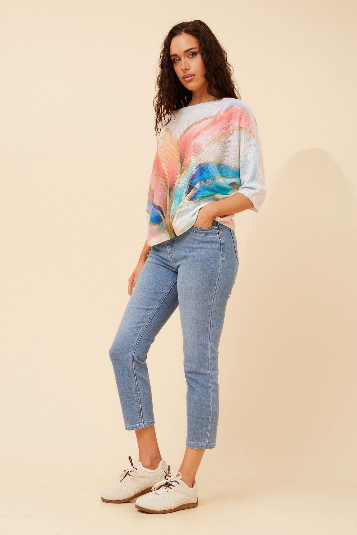 FLORELLA LEAF PRINT KNIT PULLOVER (Pink)