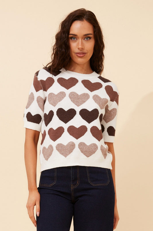 JORDY HEART PRINT KNIT PULLOVER (Multi Chocolate)