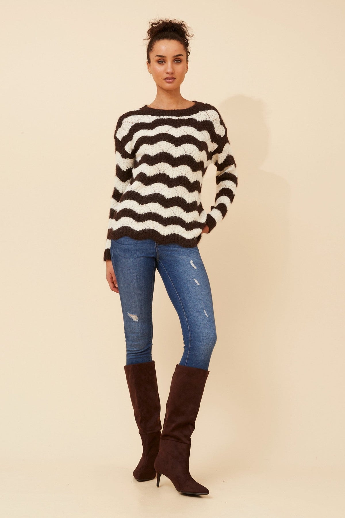 IVETTE STRIPE PRINT KNIT PULLOVER (Chocolate/Cream)