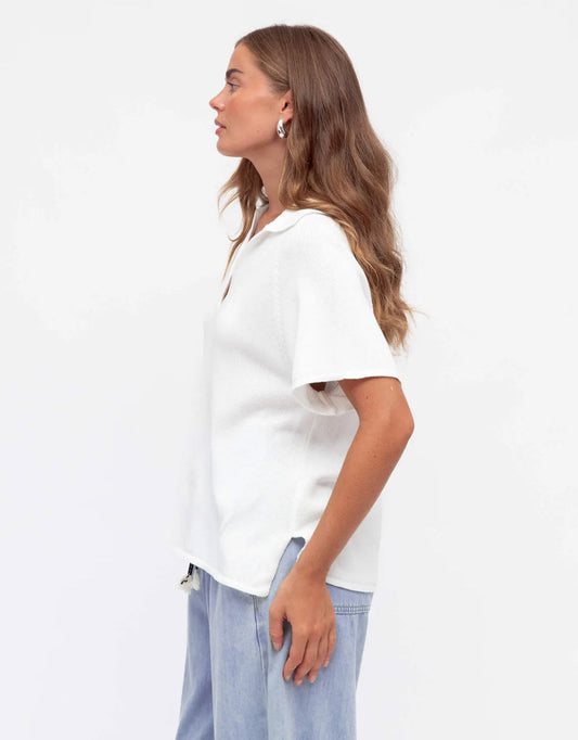 V-Neck Collared Knit Top - (White)