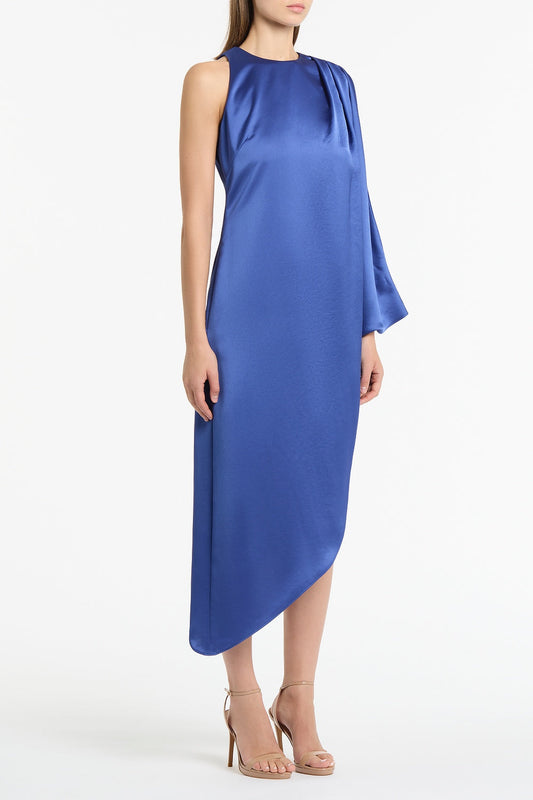 Carla Zampatti Lapis Lustre Satin Drape Dress (Blue)