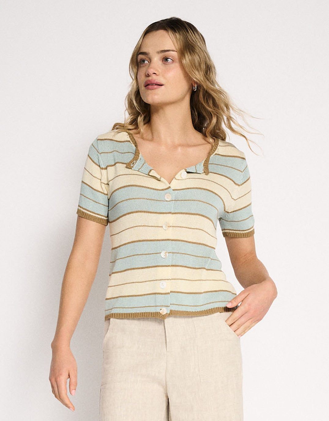 Little Lies Solene Stripe Button Top (Dusty Aqua)