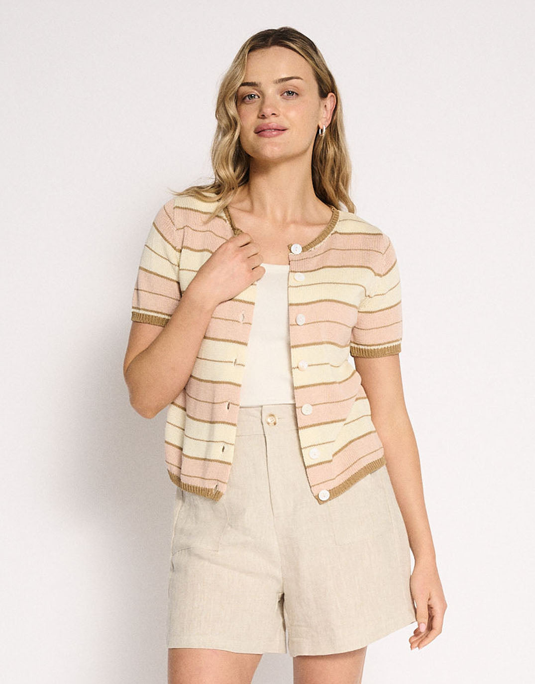 Little Lies Solene Stripe Button Top (Dusty Pink)