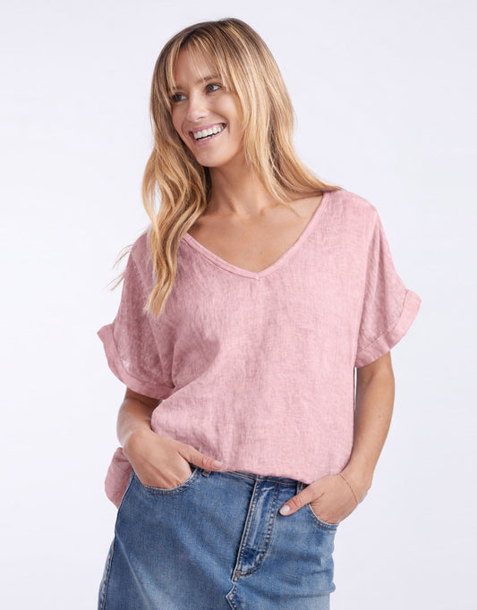 V Neck Calypso Linen Short Sleeve Top - (Pink)