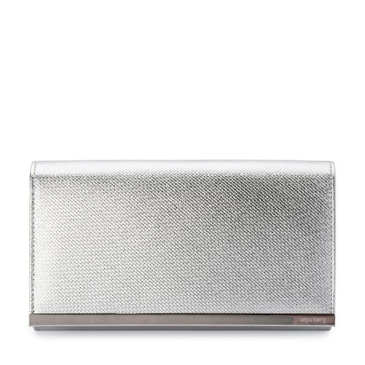 Olga Berg MADDIE Metallic Embossed Foldover Clutch (Silver)