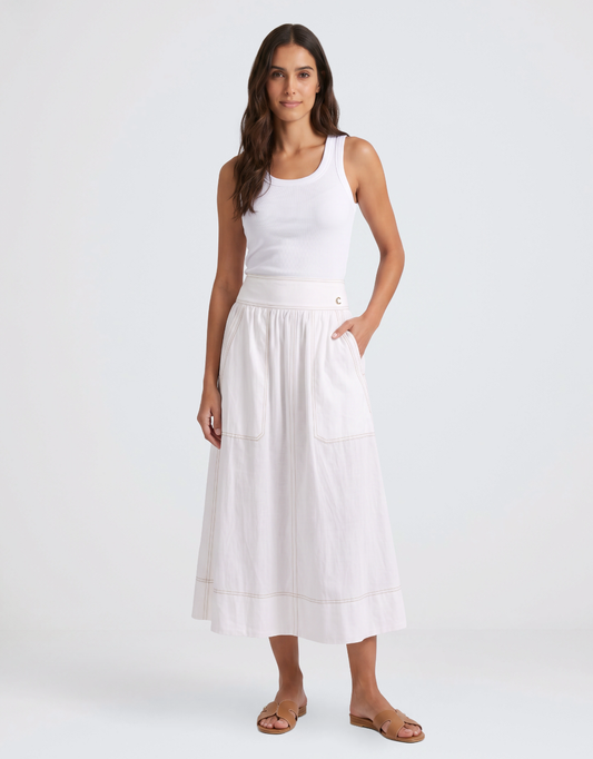 365 Days Marion Cotton Skirt (White/Tan Stitching)